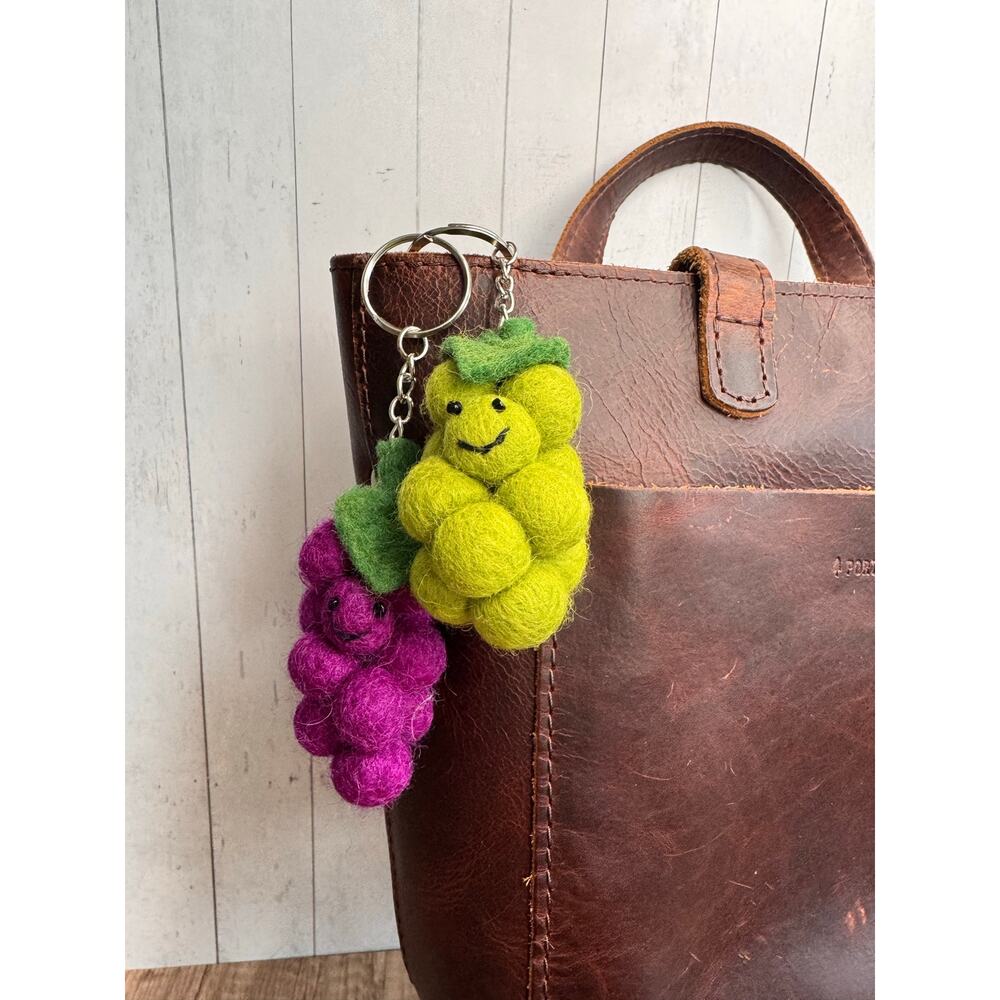 Set of 2!! Grapes Fruit Bag Charm Fun Felted Wool Purse Charm Green Purple Charm